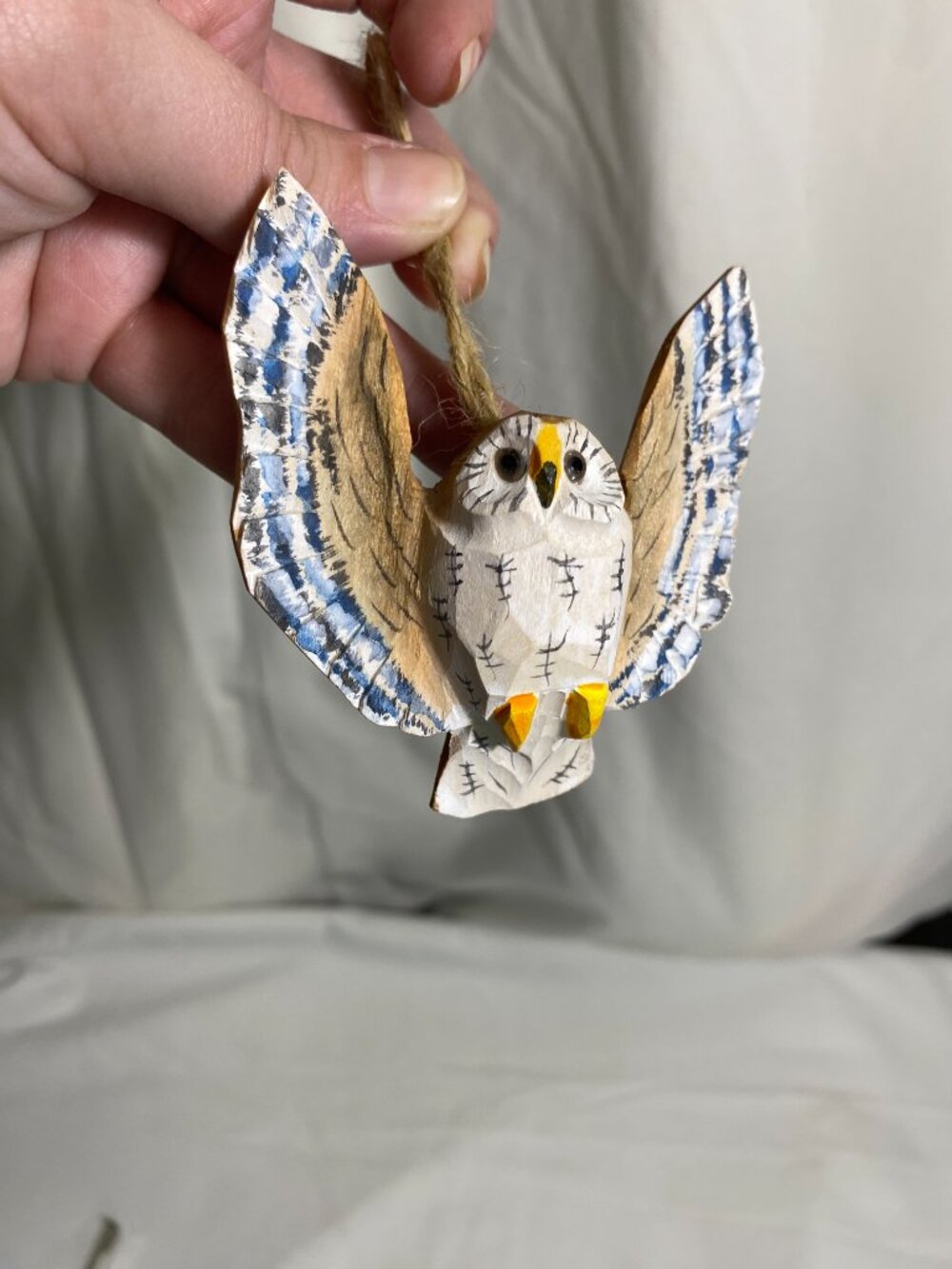 Hand Carved Wooden Owl Ornament Rustic Folk Art Hanging Decor Blue White Bird